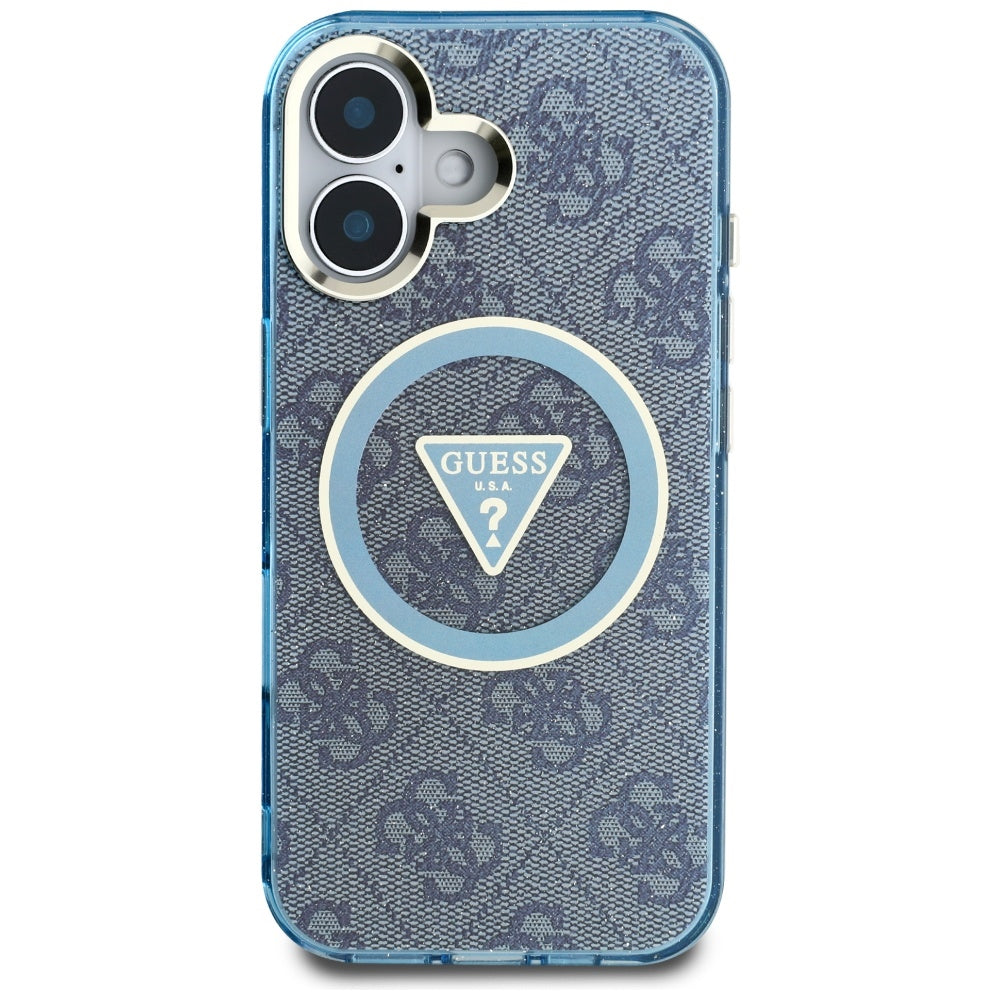 Husa de protectie Guess IML Metal Glitter 4G Circle Triangle MagSafe (GUHMP16SHG4PRTGB) compatibil cu iPhone 16, Albastru