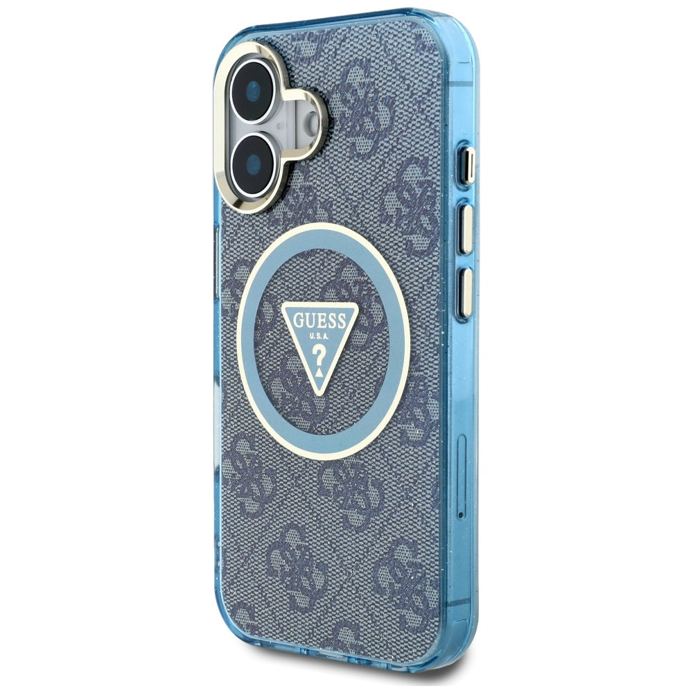 Husa de protectie Guess IML Metal Glitter 4G Circle Triangle MagSafe (GUHMP16SHG4PRTGB) compatibil cu iPhone 16, Albastru