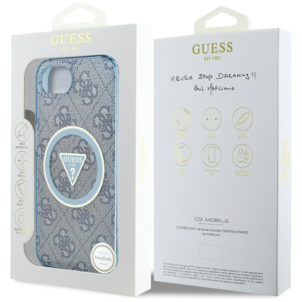Husa de protectie Guess IML Metal Glitter 4G Circle Triangle MagSafe (GUHMPSE4HG4PRTGB) compatibil cu iPhone 16e / iPhone 17e, Albastru