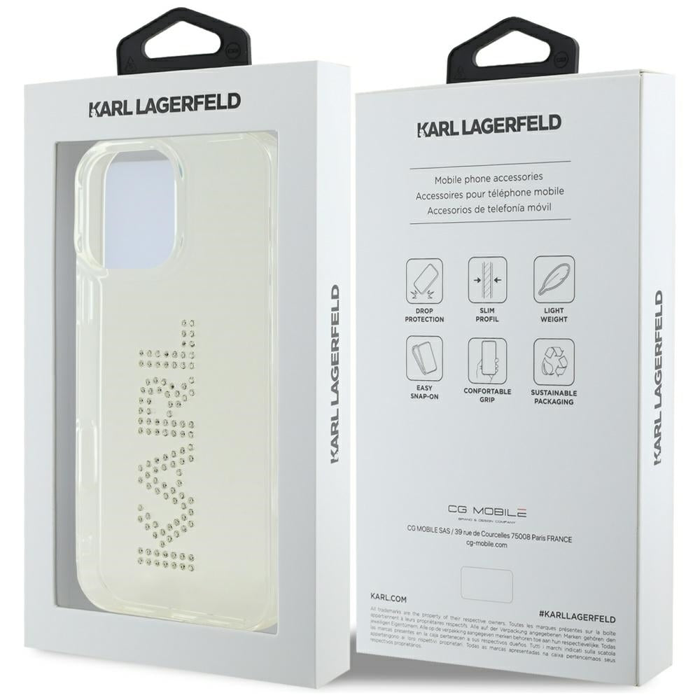 Husa de protectie Karl Lagerfeld IML Rhinestones (KLHCP16LHKLSTDCT) compatibil cu iPhone 16 Pro, Transparent Logo