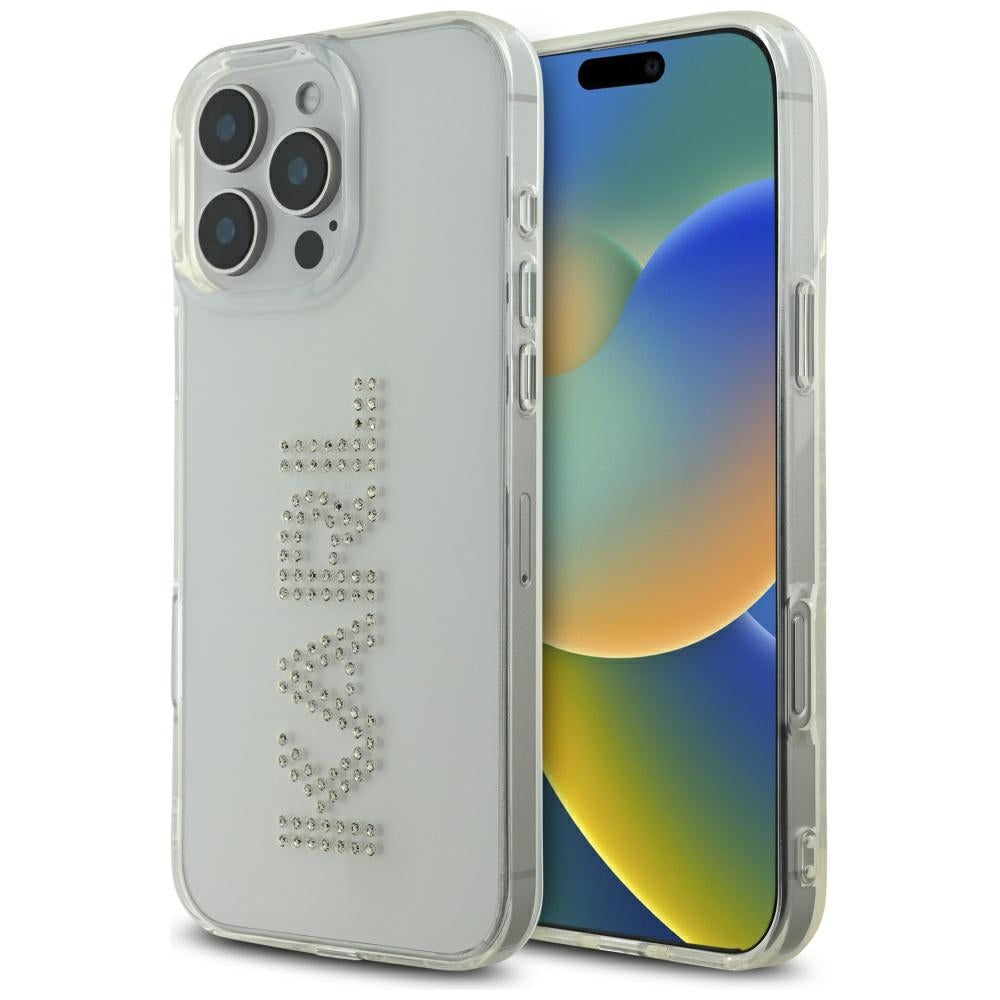 Husa de protectie Karl Lagerfeld IML Rhinestones (KLHCP16LHKLSTDCT) compatibil cu iPhone 16 Pro, Transparent Logo