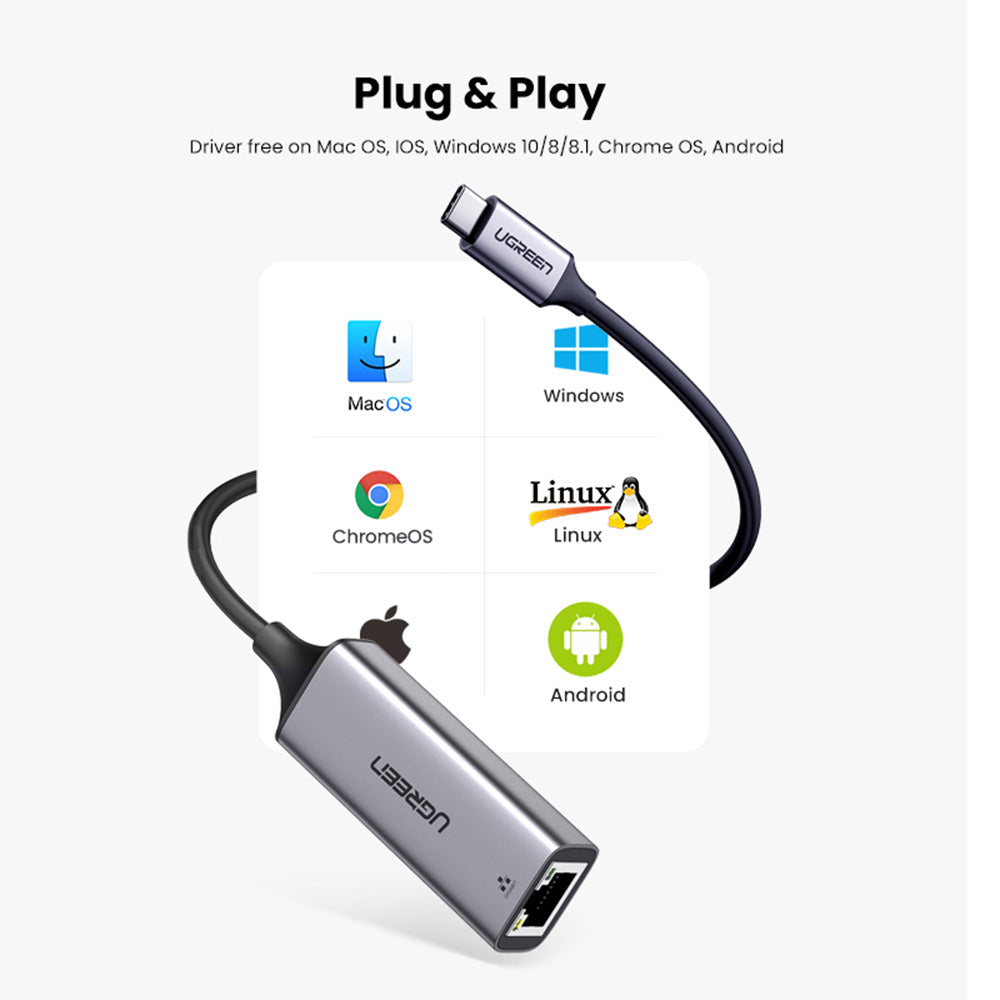 Adaptor Ugreen Ethernet Adapter CM199 (50737), USB-C to RJ45 LAN Port, Plug & Play, LED, 1000Mbps, 1Gb/s, Gri Spatial