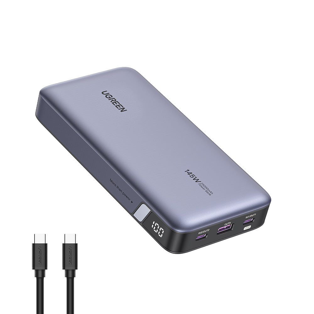 Baterie externa Ugreen PB205 (90597A), Fast Charge, Digital Display, 25000mAh, USB, 2x Type-C, PD3.0, 145W, 5V/3A, Gri Spatial