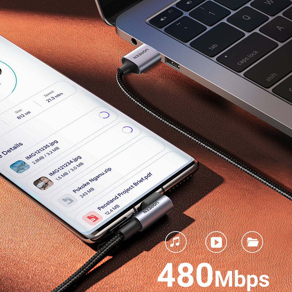 Cablu Ugreen Right Angle US284 (50942), USB-C, 18W 3A, 2m, Gri