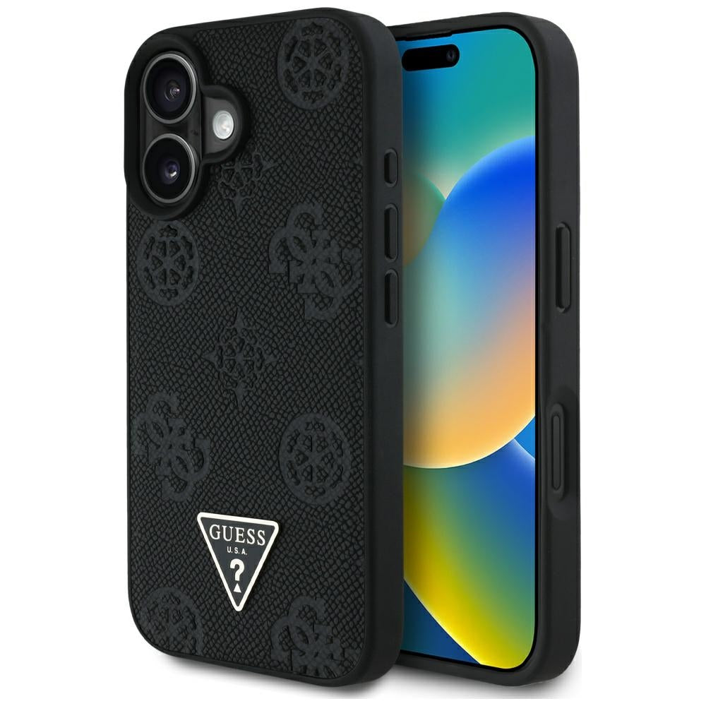 Husa de protectie Guess Peony Grained Hot Stamp Triangle MagSafe (GUHMP16SPGBTMK) compatibil cu iPhone 16, Negru