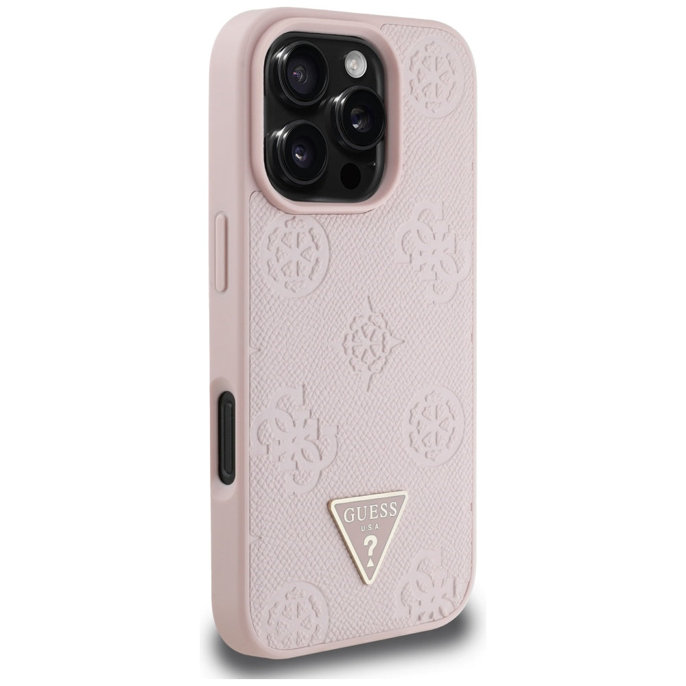 Husa de protectie Guess Peony Grained Hot Stamp Triangle MagSafe (GUHMP16LPGBTMP) compatibil cu iPhone 16 Pro, Roz