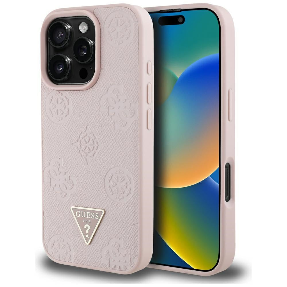 Husa de protectie Guess Peony Grained Hot Stamp Triangle MagSafe (GUHMP16LPGBTMP) compatibil cu iPhone 16 Pro, Roz