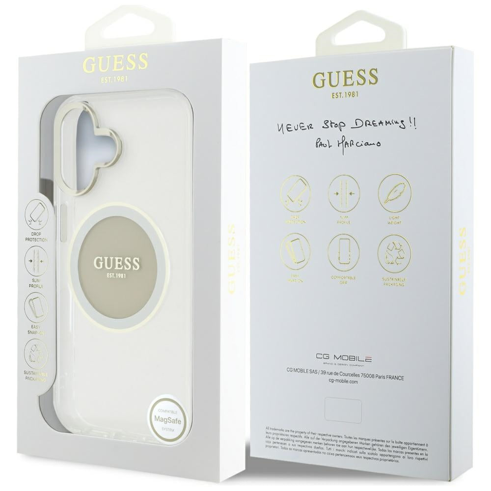 Husa de protectie Guess IML Metal Colored Circle MagSafe (GUHMP16SHTDRCEDG) compatibil cu iPhone 16, Gri