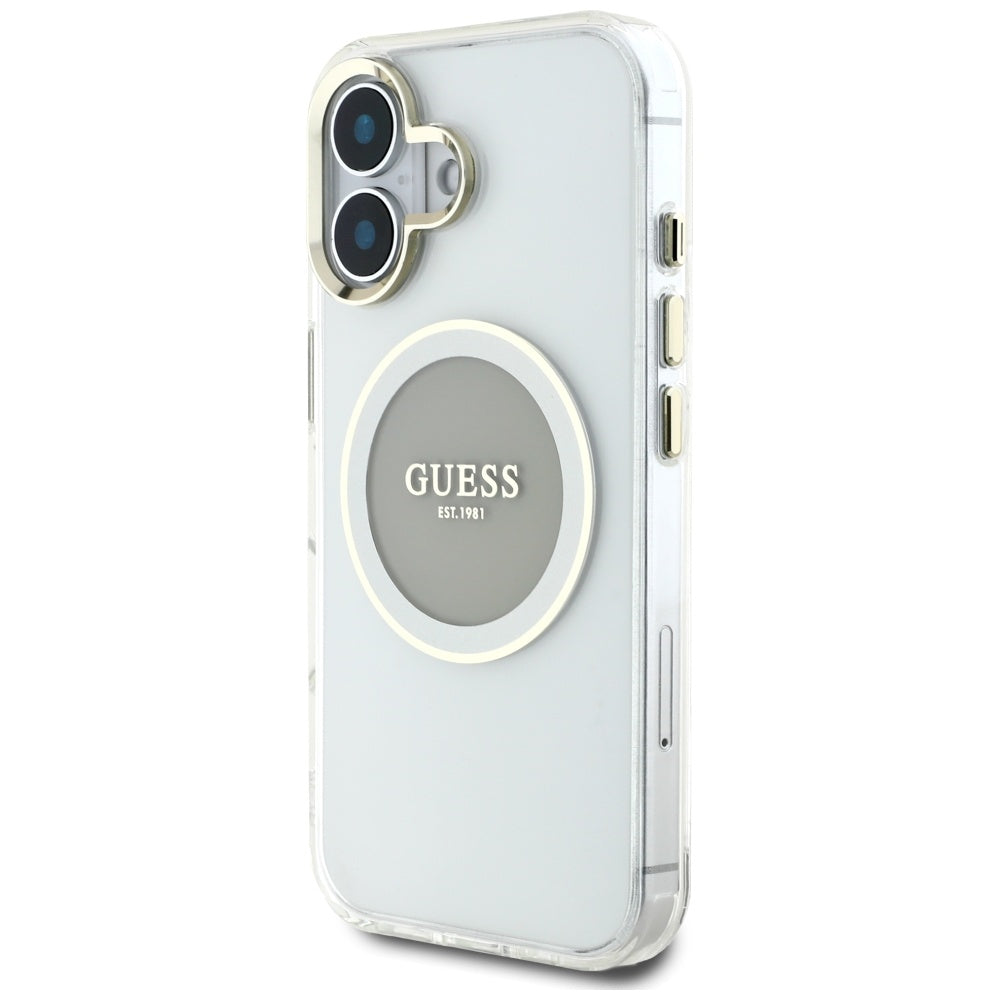 Husa de protectie Guess IML Metal Colored Circle MagSafe (GUHMP16SHTDRCEDG) compatibil cu iPhone 16, Gri