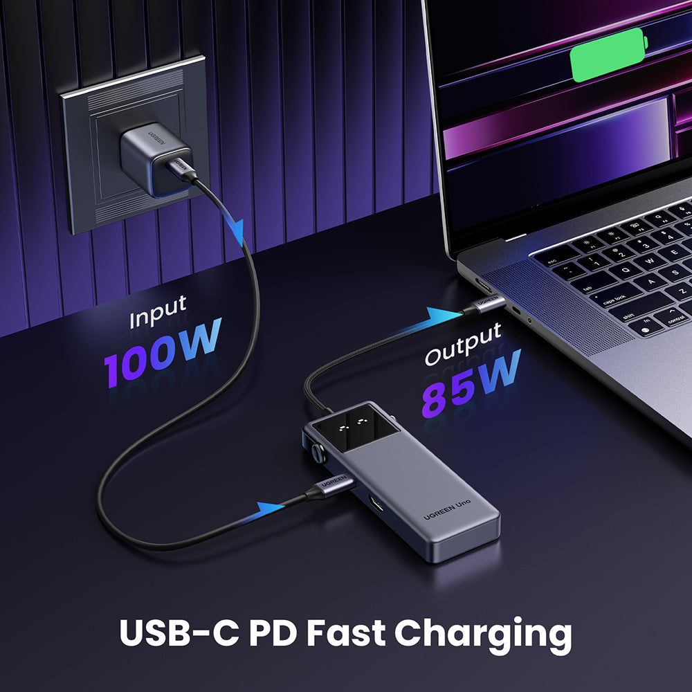 Hub/Dock Ugreen Docking Station Uno 6in1 CM888 (35998), LED Display, 2x USB, 2x Type-C, HDMI, 10Gb/s, 4K, 100W, SD/TF Slot, Negru