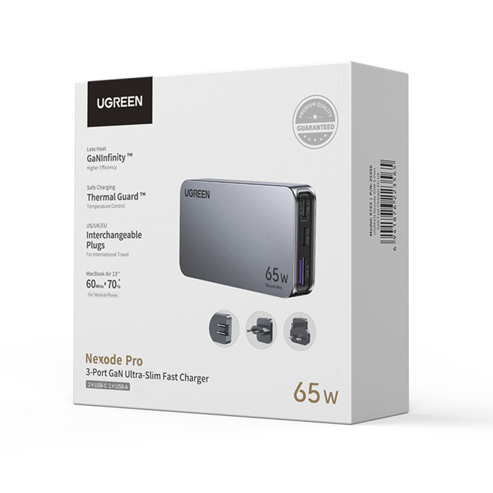 Incarcator Ugreen Nexode Pro X753 (25356), GaN, Fast Charging, Ultra-Slim, USB, 2x Type-C, 65W, 3A, PD3.0, QC4.0+, Gri