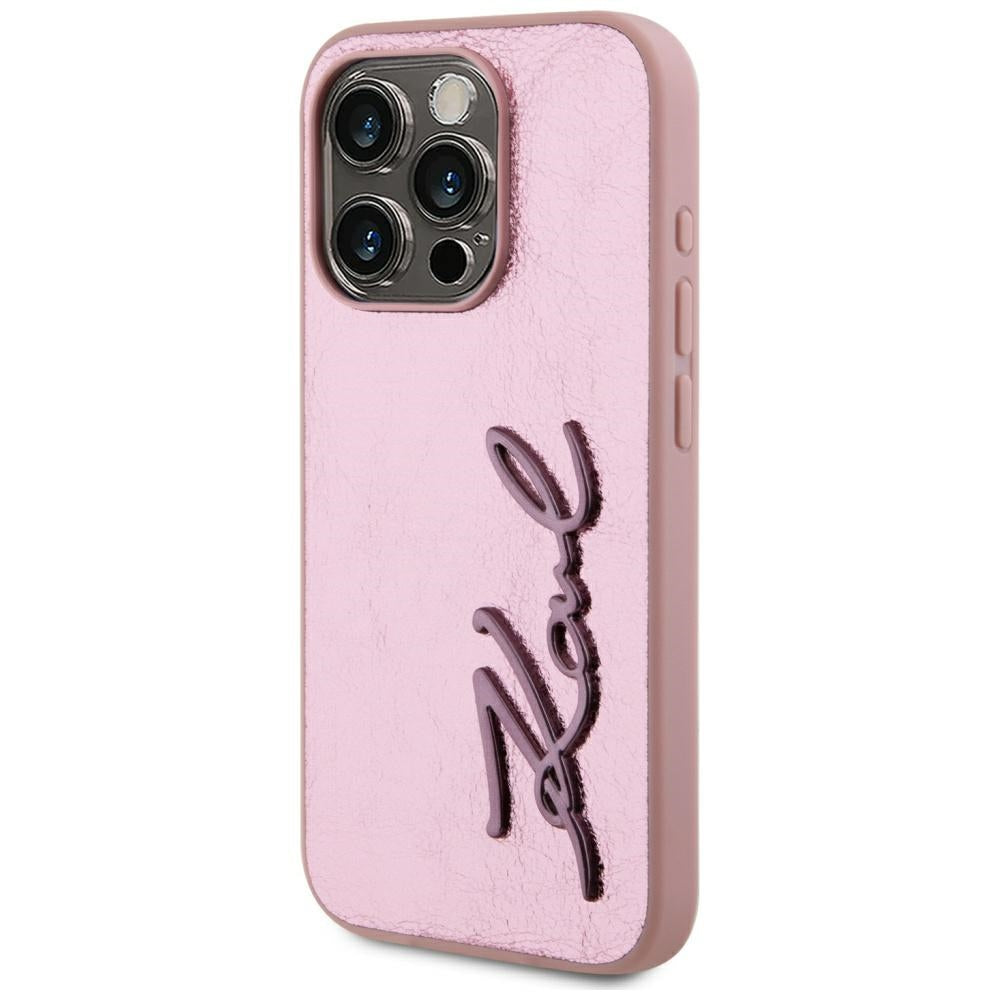 Husa de protectie Karl Lagerfeld Hardcase Leather (KLHCP15XPFMFBKMP) compatibil cu iPhone 15 Pro Max, Roz Metal Signature