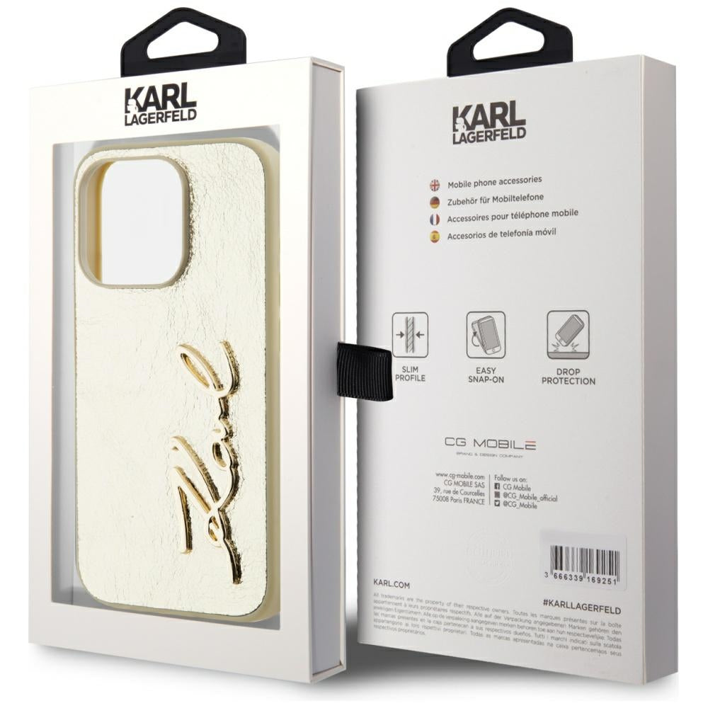 Husa de protectie Karl Lagerfeld Hardcase Leather (KLHCP15LPFMFBKMD) compatibil cu iPhone 15 Pro, Auriu Metal Signature