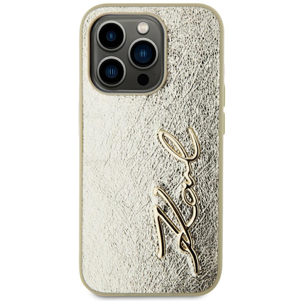 Husa de protectie Karl Lagerfeld Hardcase Leather (KLHCP15LPFMFBKMD) compatibil cu iPhone 15 Pro, Auriu Metal Signature