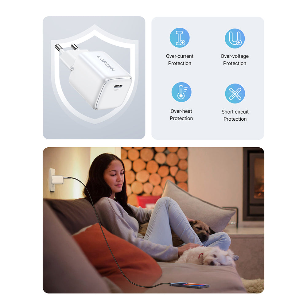 Incarcator Ugreen Nexode CD318 (15324), USB-C, GaN, Fast Charging, 20W, 3A, QC4.0+, Alb