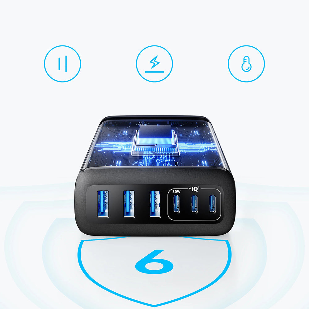 Incarcator Anker (A2154G11), 3x USB-A / 3x Type-C, 112W, Fast Charging, Negru