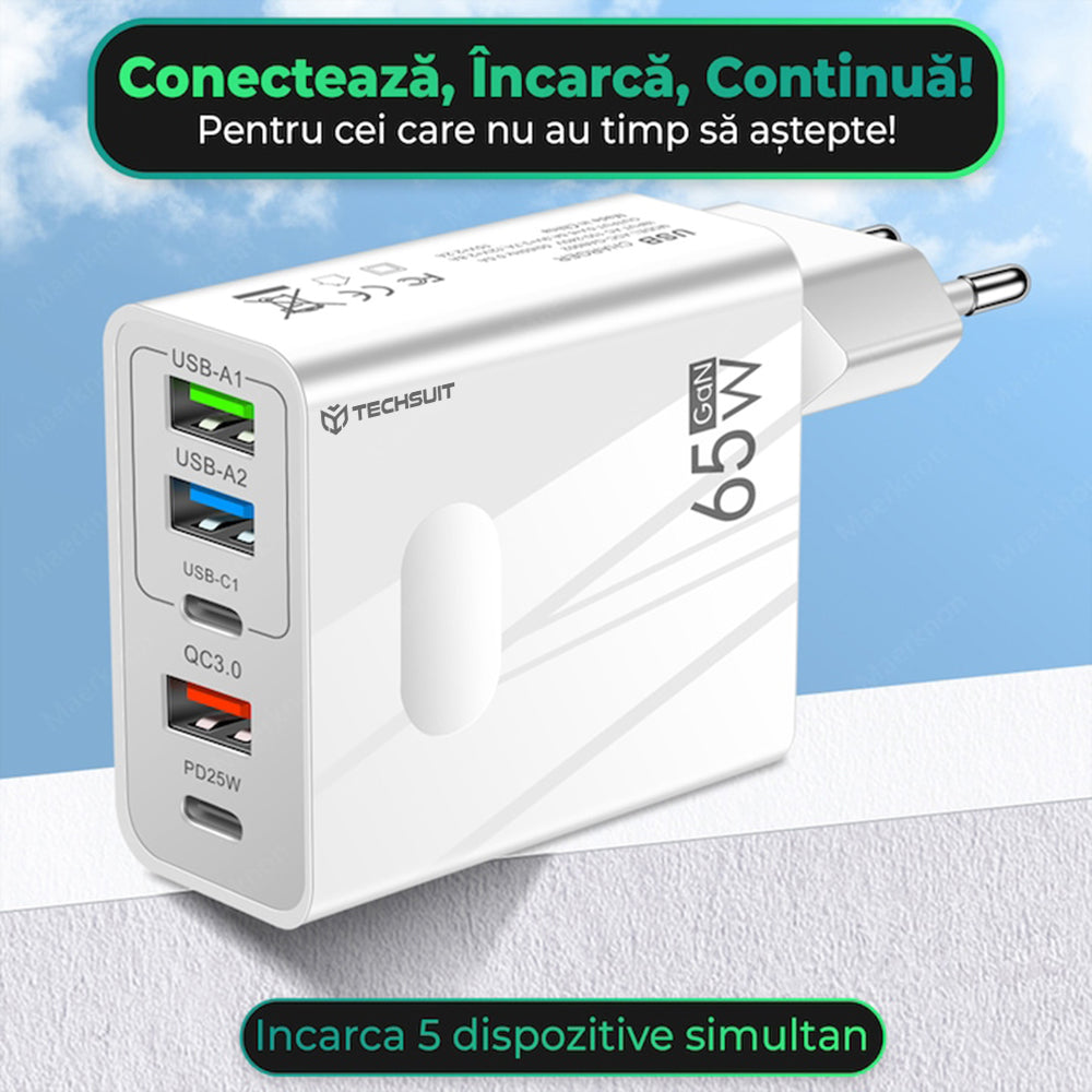 Incarcator Techsuit Premium PentaXPower (CHC1), Type-C Cable Included, 3x USB, 2x Type-C PD 25W, 65W, GaN, 1m, Negru