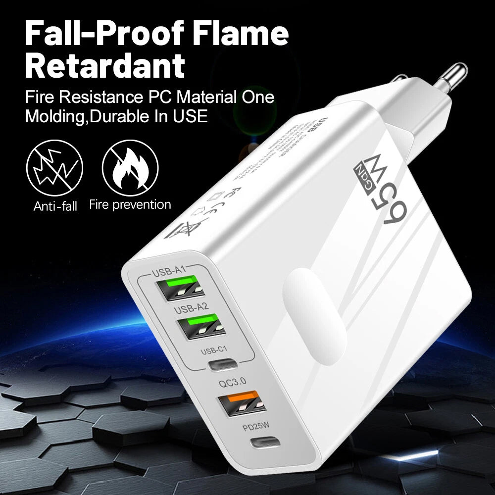 Incarcator Techsuit Premium PentaXPower (CHC1), 3x USB, 2x Type-C PD 25W, 65W, GaN, Fast Charge, Alb
