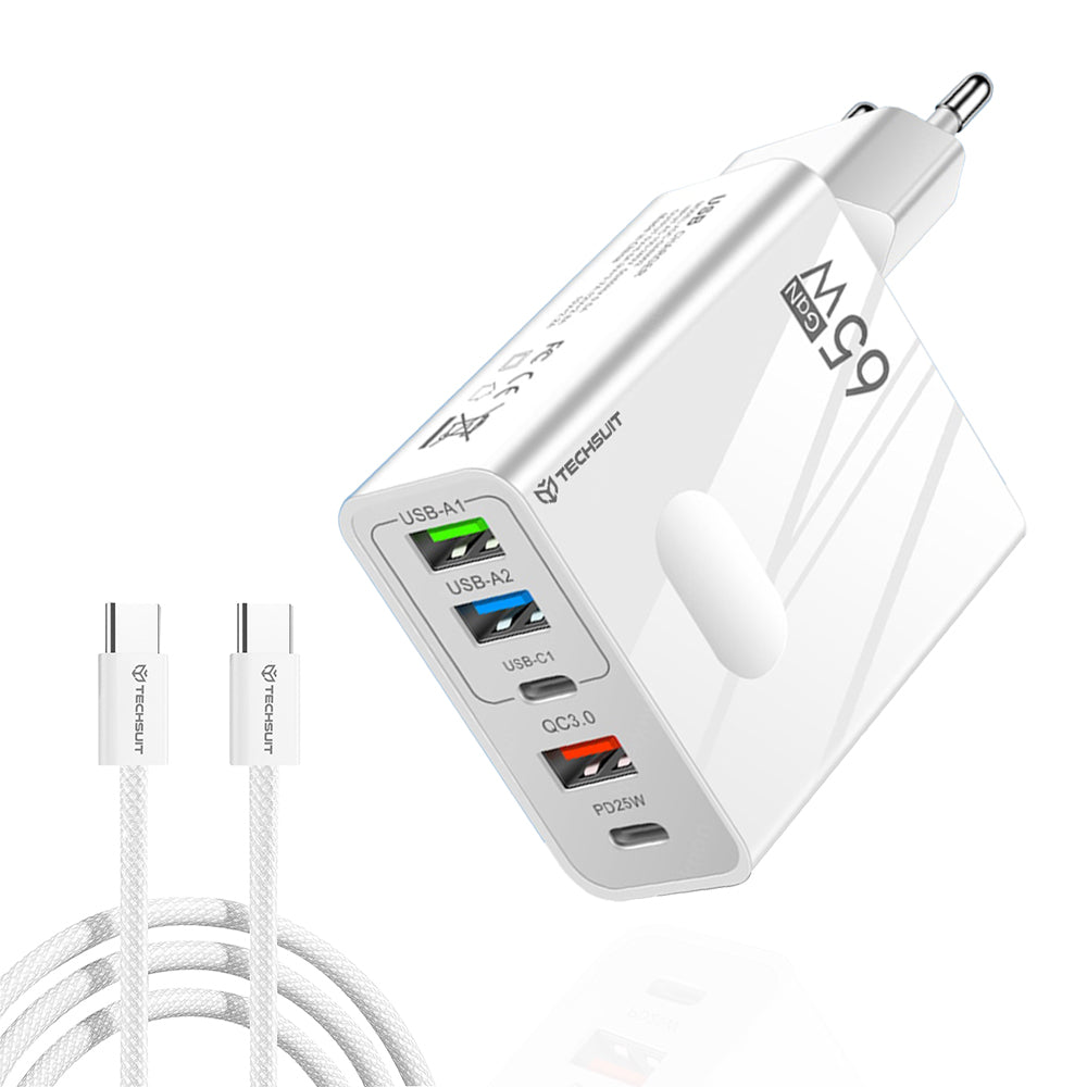 Incarcator Techsuit Premium PentaXPower (CHC1), Type-C Cable Included, 3x USB, 2x Type-C PD 25W, 65W, GaN, 1m, Alb