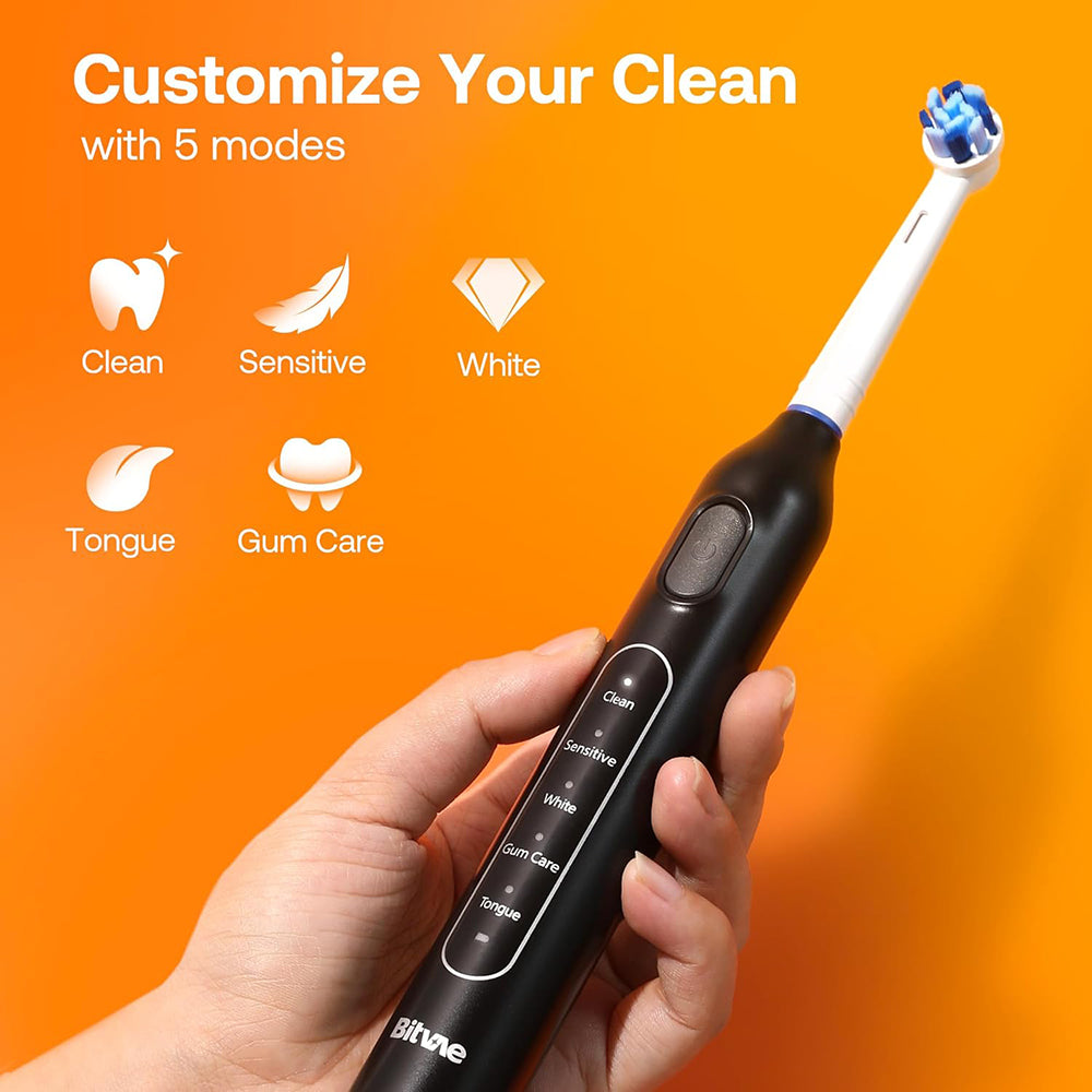 Bitvae Electric Toothbrush (BVR1), Soft, with 8 Heads, Smart Timer, Clean/Sensitive/White/Gum Care/Tongue Modes, Negru