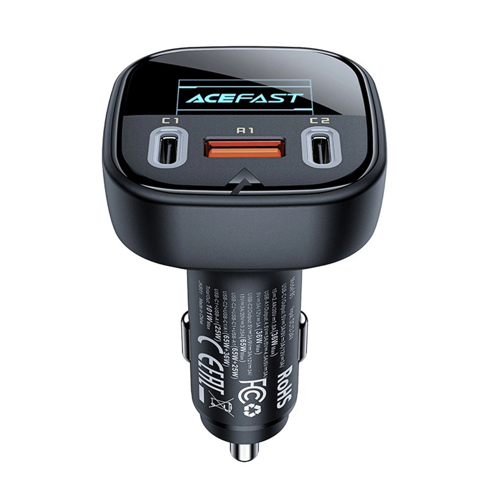 Incarcator Acefast Car (B5), Fast Charging, OLED Digital Display, 2x Type-C, USB, 101W, Zinc Alloy, Negru