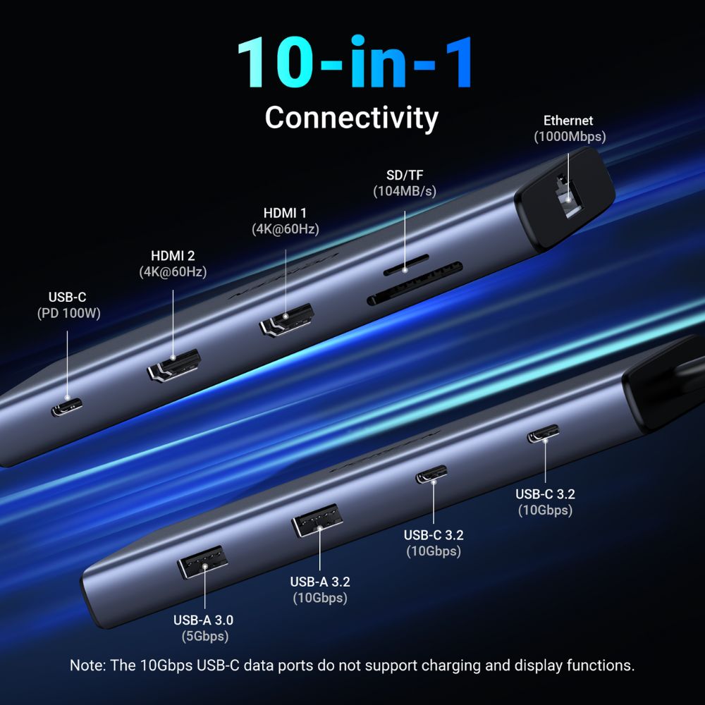 Hub/Dock Ugreen Docking Station CM639 (45380), Type-C to 3x Type-C, 2x USB-A, 2x HDMI, 1x RJ45 1000Mbps, TF/SD Card, PD100W, Gri