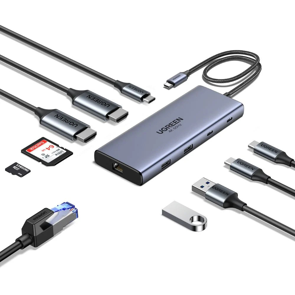 Hub/Dock Ugreen Docking Station CM639 (45380), Type-C to 3x Type-C, 2x USB-A, 2x HDMI, 1x RJ45 1000Mbps, TF/SD Card, PD100W, Gri