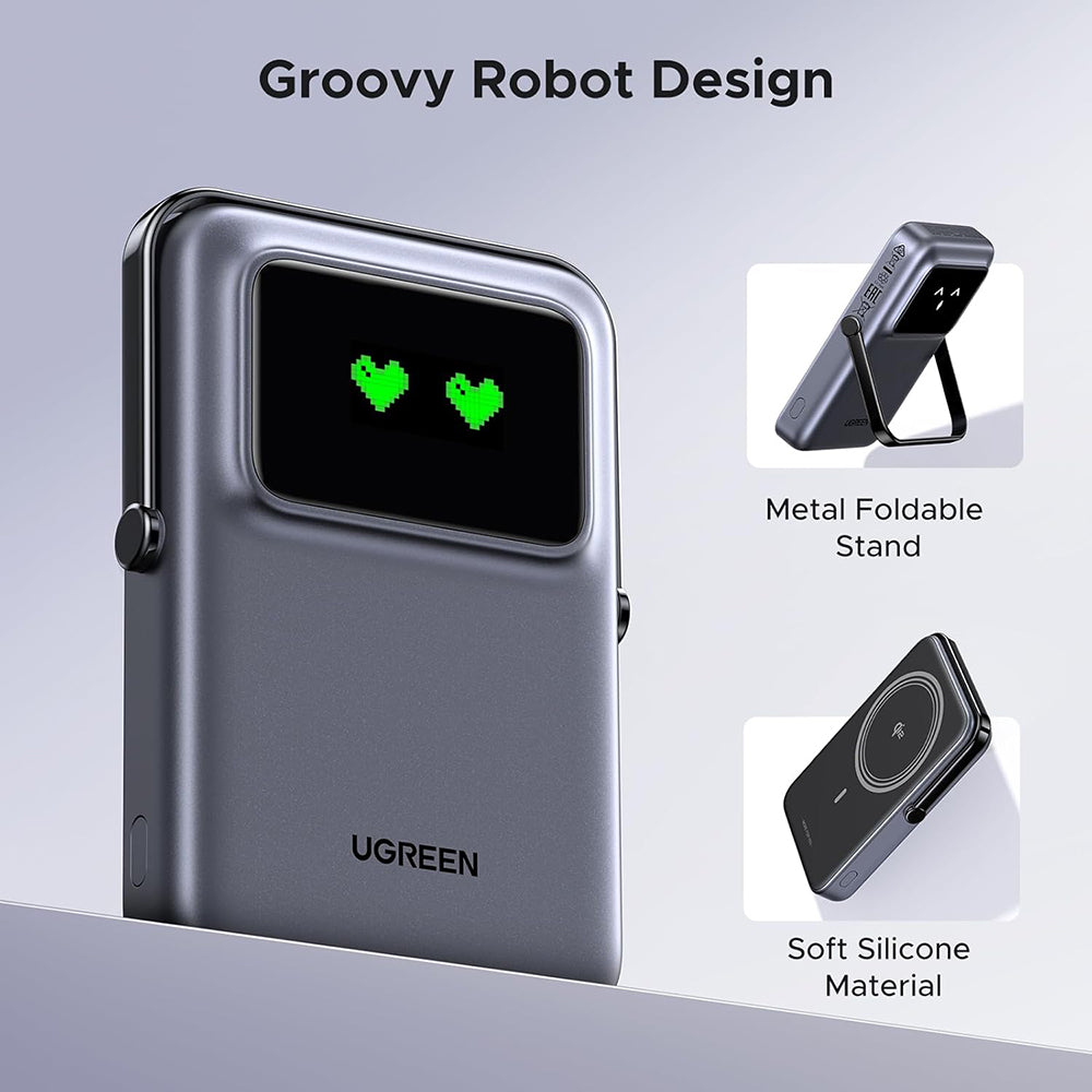 Baterie externa Ugreen Wireless PB764 (45329), MagSafe, Fast Charge, TFT Display, Stand, 10000mAh, USB-C, 20W, Gri Spatial