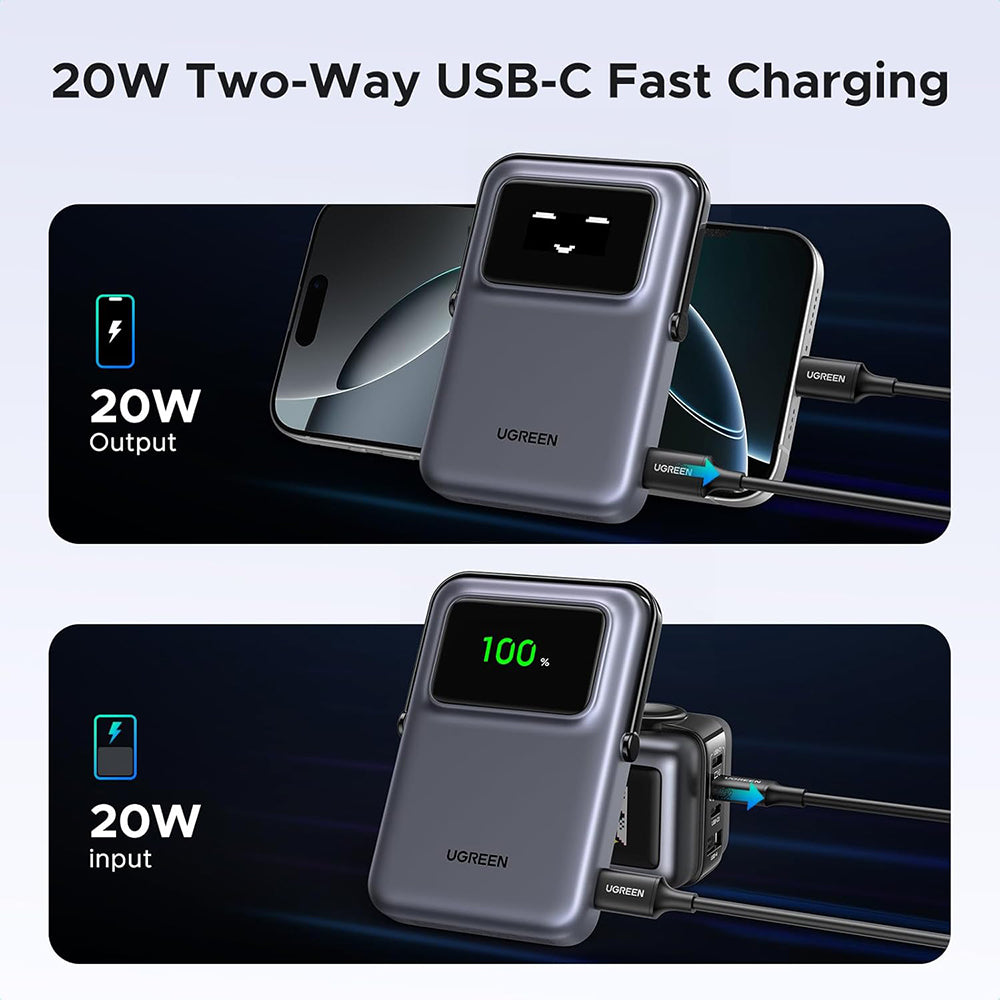 Baterie externa Ugreen Wireless PB764 (45329), MagSafe, Fast Charge, TFT Display, Stand, 10000mAh, USB-C, 20W, Gri Spatial