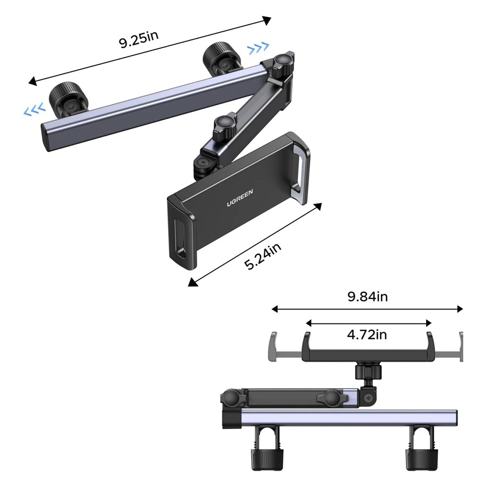 Suport Ugreen LP904 (55443), for Headrest, Dual Telescopic Arm, 360° Rotation, for Phone, Tablet up to 9.84", Negru