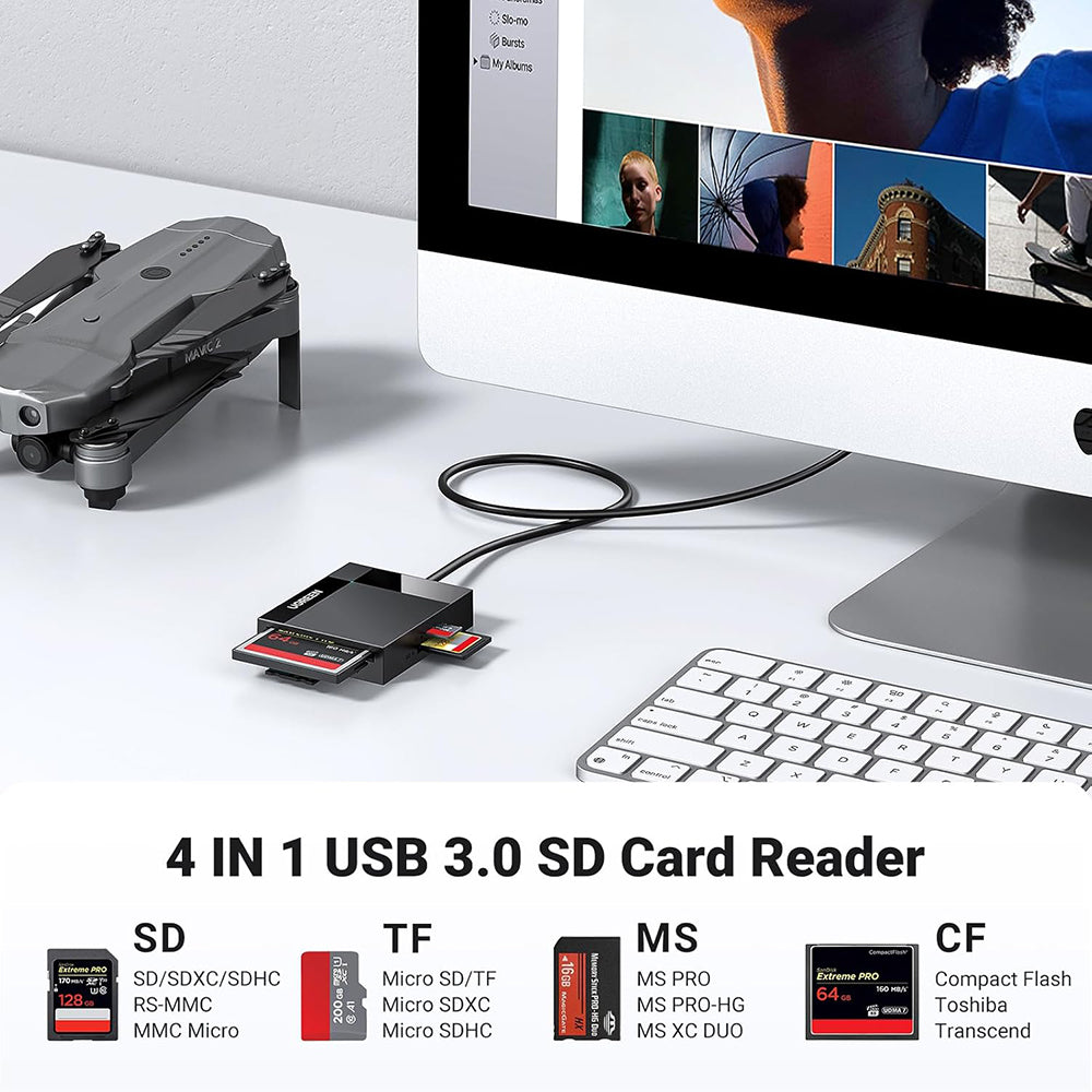 Ugreen Card Reader 4in1 CR125 (30333), USB3.0 to 1x SD Slot, 1x TF Slot, 1x CF Slot, 1x MS Slot, 170MB/s, Negru