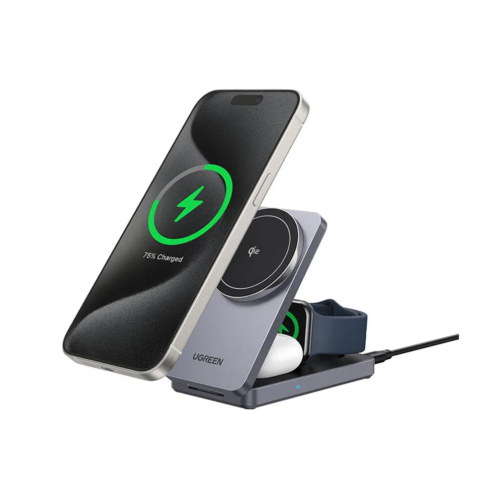 Incarcator Ugreen Wireless Charging Station W707 (45025), with Wall Charger, for Apple Watch, iPhone, Airpods, Qi2, 25W, Gri
