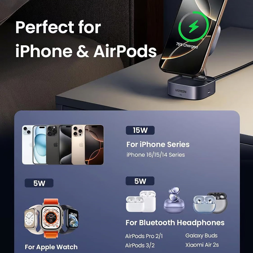 Incarcator Ugreen Wireless Charging Station W702 (35316), with Cable, MagSafe, for iPhone, AirPods, USB-C, Foldable, 15W, 1m, Negru