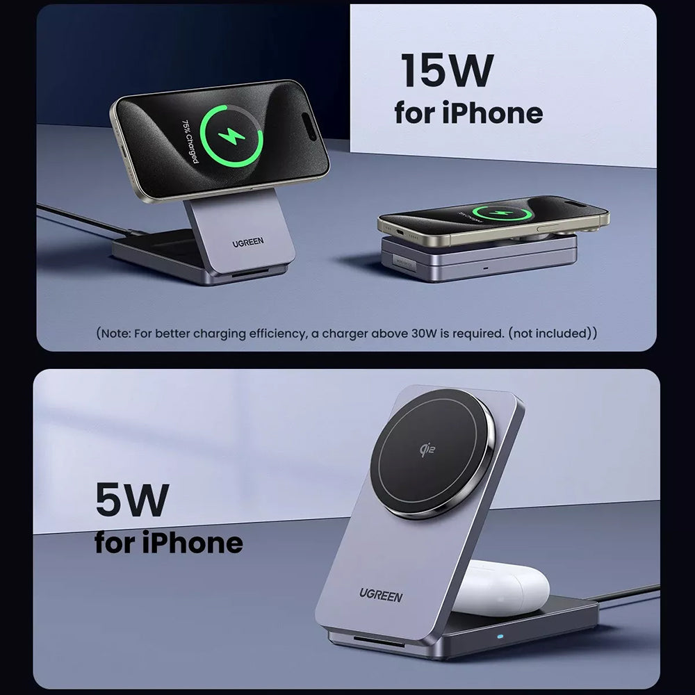 Incarcator Ugreen Wireless W706 (45057), MagSafe, 2in1, for iPhone, AirPods, USB-C Cable, 20W, 3A, Qi2, MPP, 1m, Alb