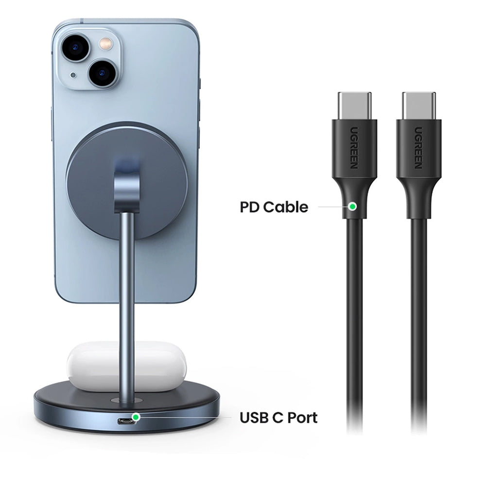 Incarcator Ugreen Wireless Charging Station CD317 (90668), 2in1, for iPhone and Airpods, Type-C, N52 Magnet, Qi, 20W, Negru