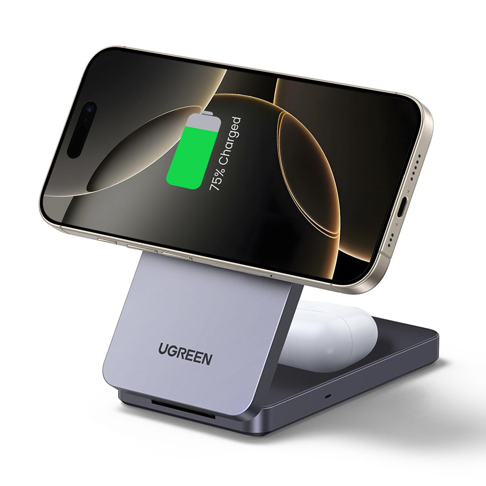Incarcator Ugreen Wireless W528 (45056), 2in1, MagSafe, for iPhone, AirPods, Compact Foldable Design, 15W, 3A, Negru