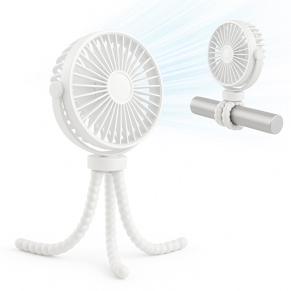 Techsuit Baby Stroller Fan (VP1), Portable, Four Speeds, 360° Flexible Tripod Clip, 4000mAh, Alb