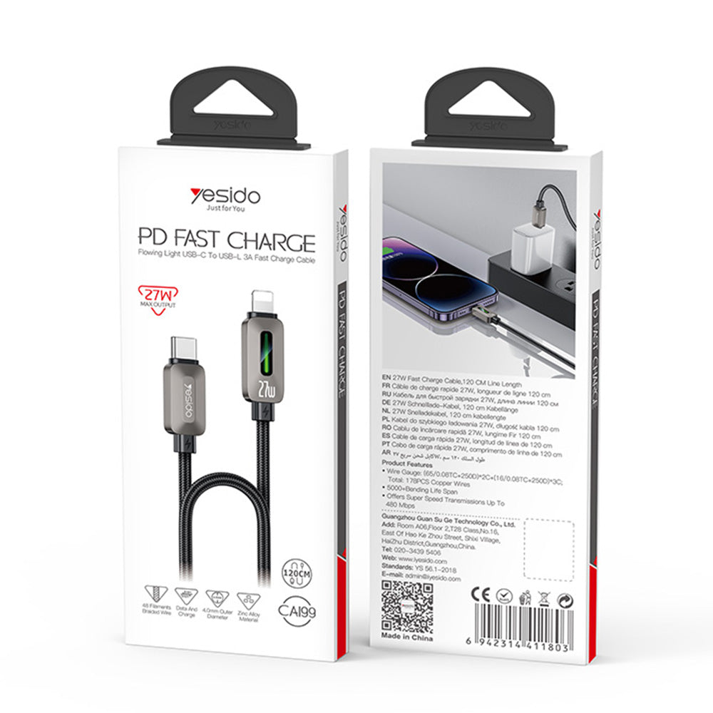 Cablu Yesido (CA199), USB-C la Lightning, 27W, 1.2m, Negru