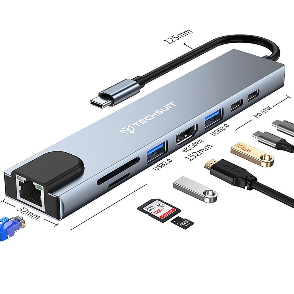 Hub/Dock Techsuit Docking Station NetBridge 8 in 1 (H2), Type-C to 2x Type-C, 2x USB, HDMI, RJ45, TF/SD, 4K@30Hz, PD87W, Gri