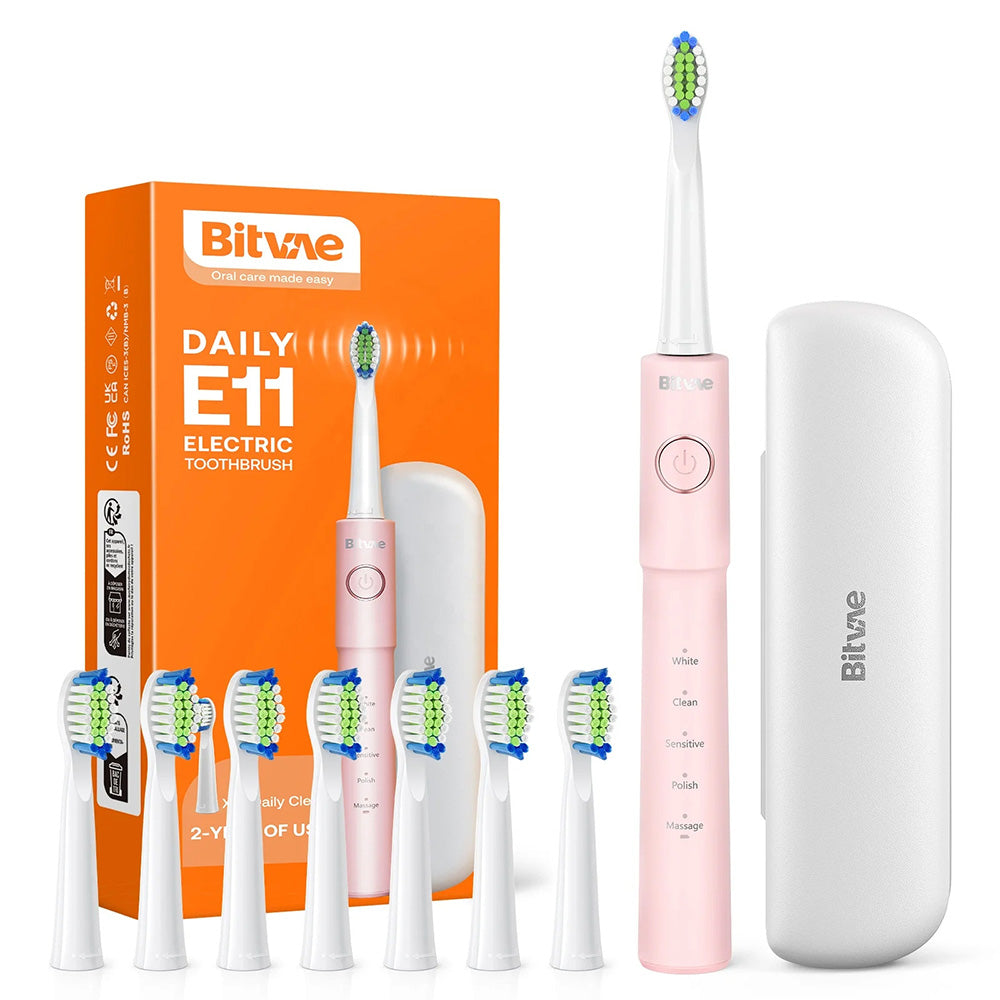 Bitvae Electric Toothbrush (E11), Ultrasonic, 8 Heads, Travel Case, White/Clean/Sensitive/Polish/Massage Modes, Roz