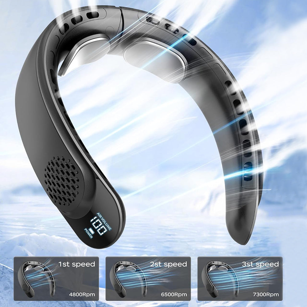 Techsuit Neck Fan (S8), Portable, with Digital Display, 3 Wind Speeds, 4000mAh, 7300RPM, Negru