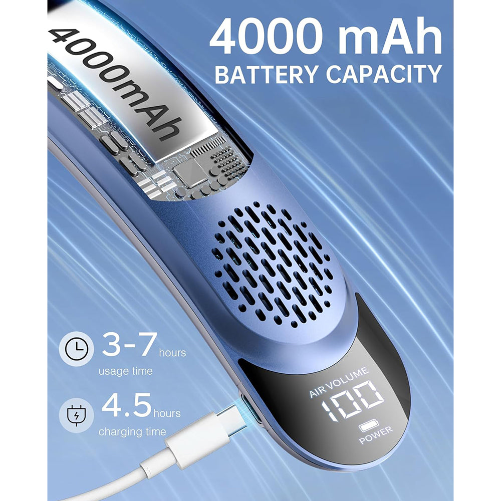 Techsuit Neck Fan (S8), Portable, with Digital Display, 3 Wind Speeds, 4000mAh, 7300RPM, Albastru