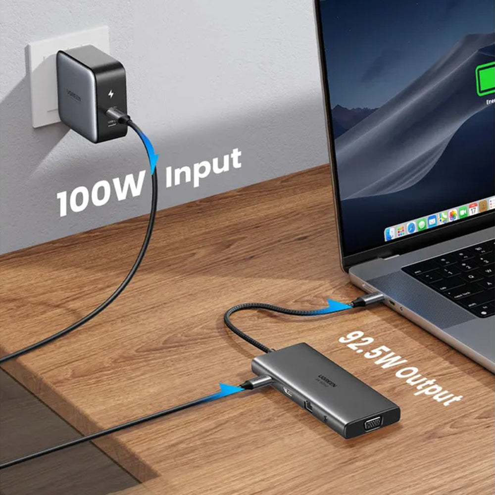 Hub/Dock Ugreen Docking Station CM639 (45520), Type-C to 3x Type-C, 2x USB-A, HDMI, VGA, RJ45, SD/TF Card, Jack 3.5mm, Gri