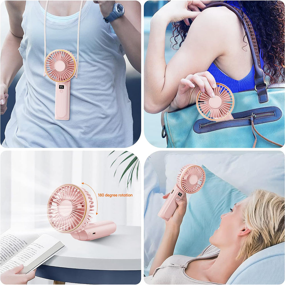 Techsuit Premium Mini Hand Fan (M12), with LED Digital Display, USB-C Rechargeable, 6 Wind Speeds, 5000mAh, Roz