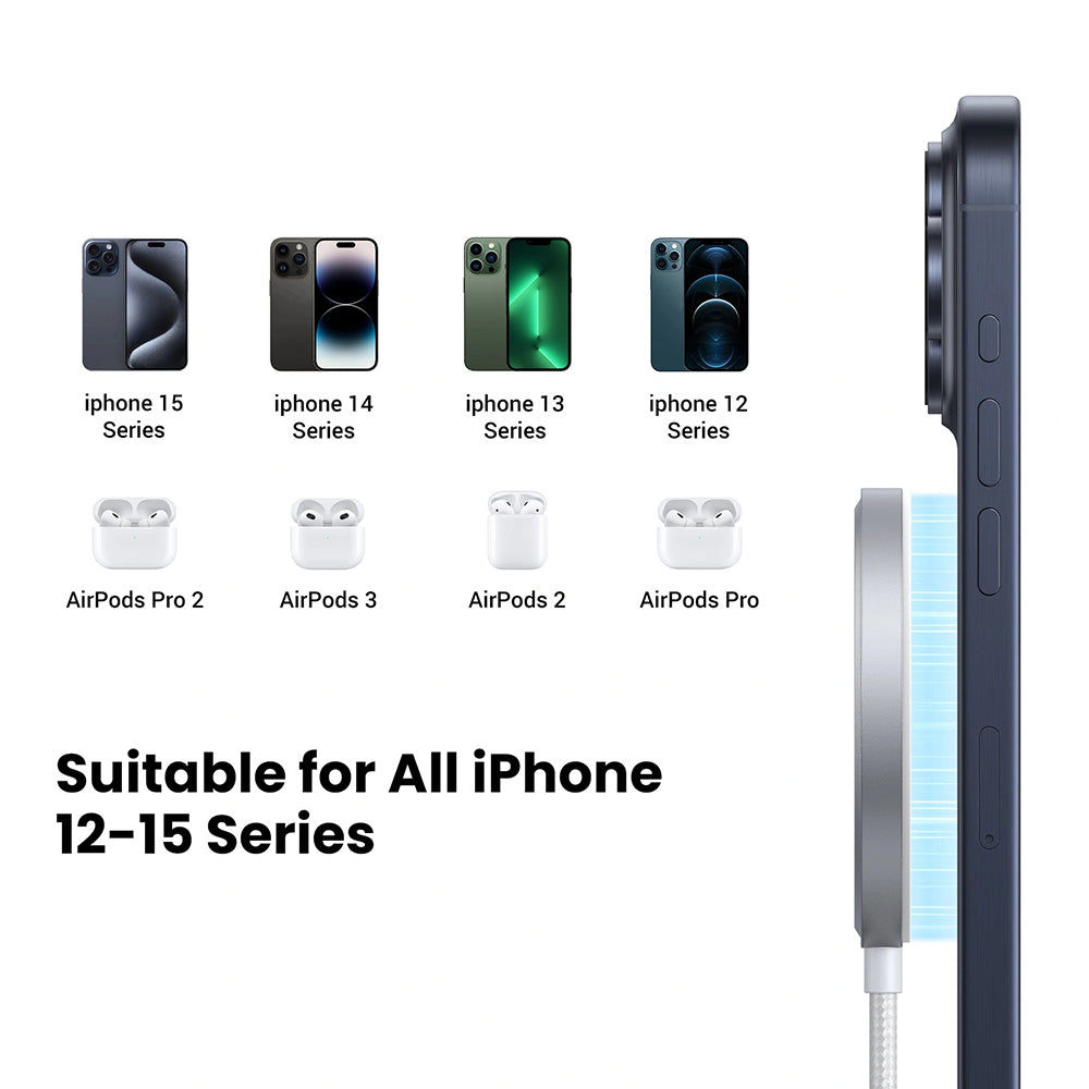 Incarcator Ugreen Magnetic Wireless W703 (35565), Fast Charge, Universal, USB-C, Qi2, 15W, 5V/3A, Type-C Cable, 1.5m, Alb