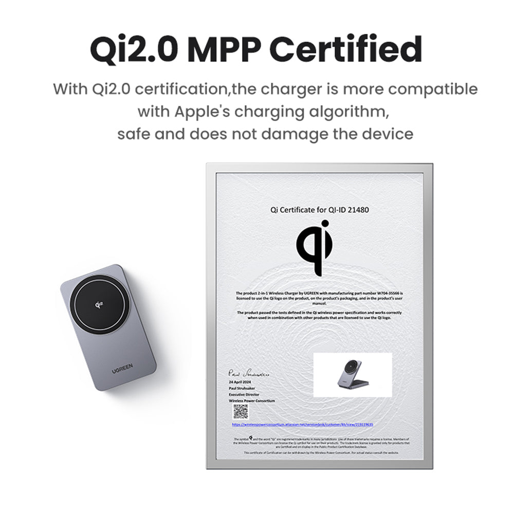 Incarcator Ugreen Wireless W706 (45057), MagSafe, 2in1, for iPhone, AirPods, USB-C Cable, 20W, 3A, Qi2, MPP, 1m, Alb