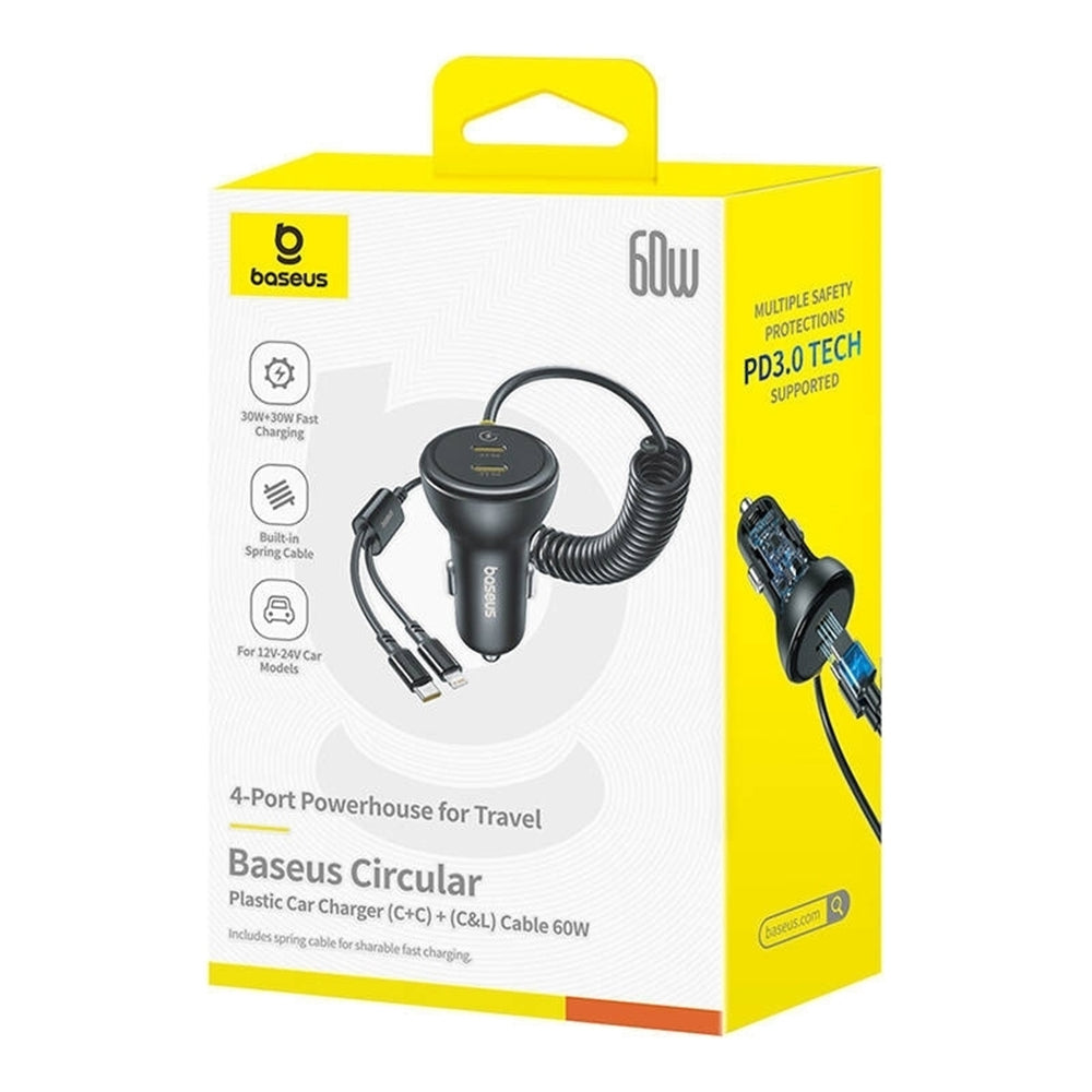 Incarcator Baseus Car (C00035902121-00), 2x USB-C, Fast Charge with USB-C, Lightning Spring Cable, 60W, 3A, 1.4m, Negru