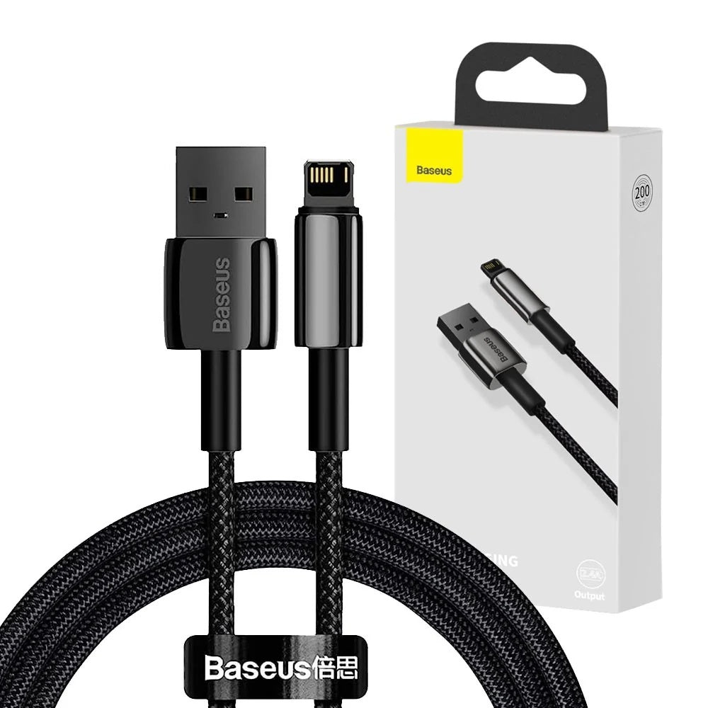 Cablu Baseus Tungsten Gold (CALWJ-A01), USB-A to Lightning, 2.4A, 480Mbps, 20W, 2m, Negru
