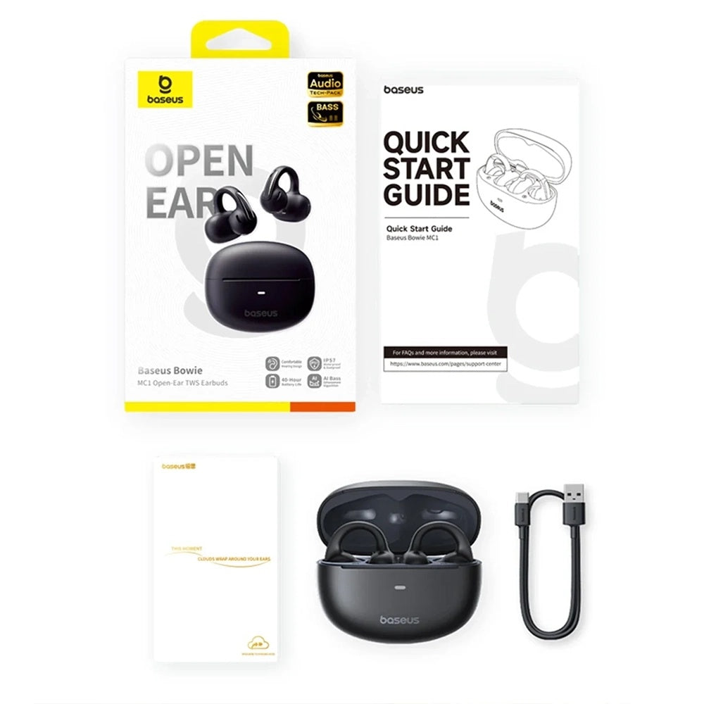 Casti Baseus Bowie MC1 (A00083501126-00), Open Ear Clip-on Design, BT V5.4, IP57 Waterproof, 600mAh, Negru