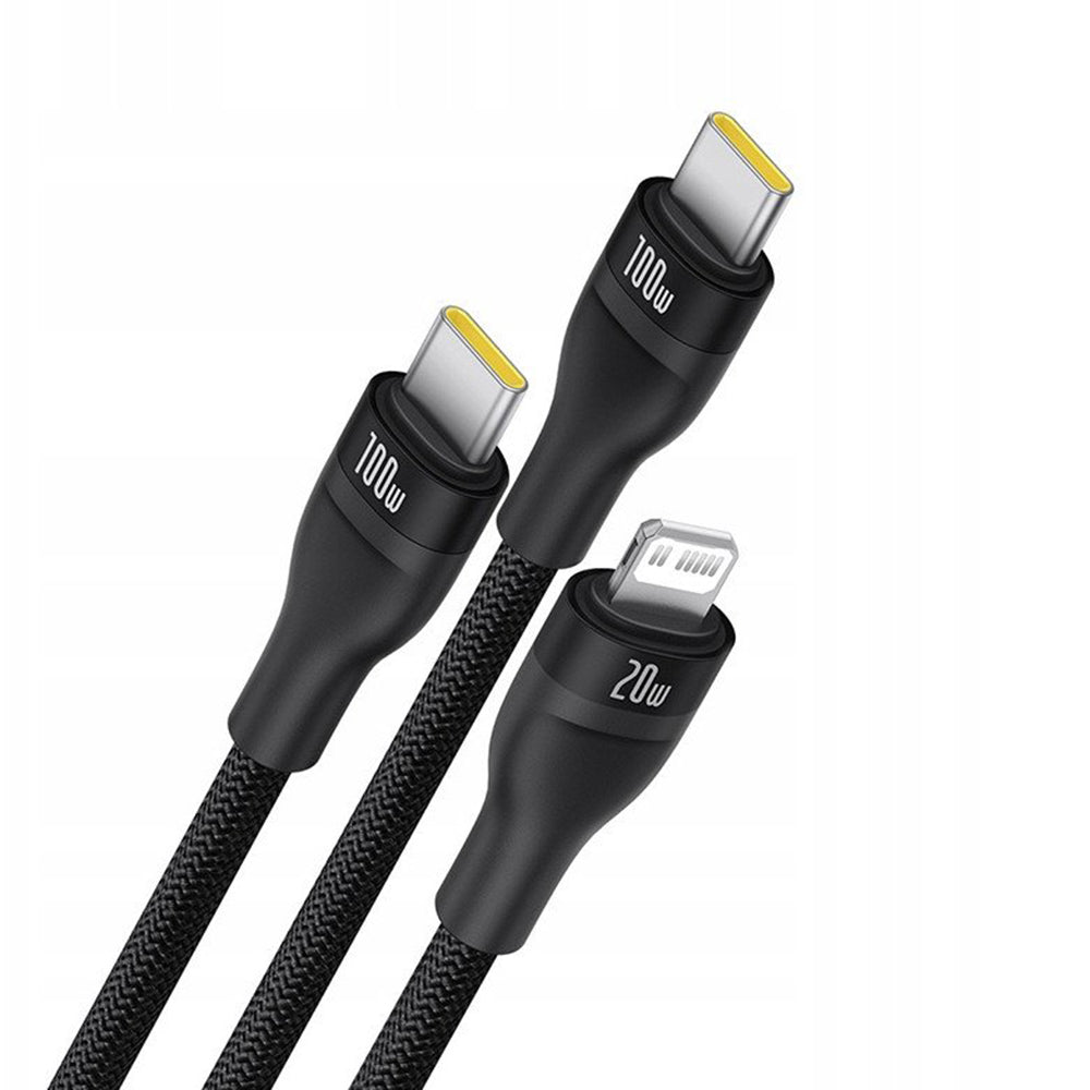 Cablu Baseus Flash Series 3 (P10377502111-00), Fast Charge, USB-C to 2x USB-C, Lightning, 100W, 480Mbps, 1.5m, Negru